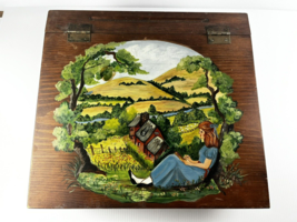 VTG Antique Wood Writing Lap Desk Slanted Hand Painted Pastoral Folk Art Cottage - £18.49 GBP
