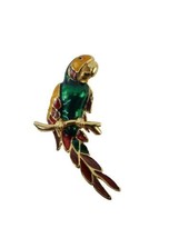 Vintage Enamel Green Yellow Red Gold Tone Metal Parrot Pin Brooch - $9.90