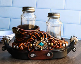 Western Cowboy Double Boot Spurs And Concho Faux Leather Salt Pepper Shakers Set - £22.36 GBP