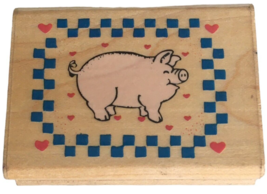 Rubber Stampede Rubber Stamp Happy Pig Checkered Edge Hearts Love Farm Animal - £3.94 GBP