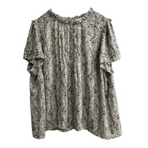 Rose &amp; Olive Top Womens 3X Blue Floral Chiffon Pleated Ruffle Neck Sleev... - $24.97
