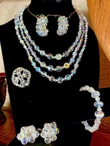 AB Crystal Glass Faceted 3 Strand Choker, Bracelet, 2 Pair Earrings and Brooch - £35.96 GBP