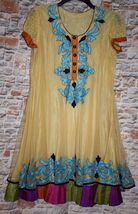 Vintage Festive Party Dress MEDIUM Yellow Gold Tulle Blue Overlay Beaded... - $47.61