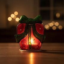Vintage Christmas Present Tealight Holder Red Green Glass Metal Holiday ... - $16.45