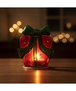 Vintage Christmas Present Tealight Holder Red Green Glass Metal Holiday ... - $16.45