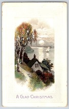 Postcard A Glad Christmas Full Moon Over Lake Boat - £3.97 GBP