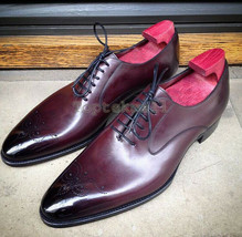 Handmade Men&#39;s Leather Oxfords Wingtip Formal Maroon Dress New Casual Shoes-204 - £183.80 GBP