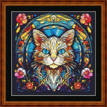 STAINED GLASS Cat - pdf X Stitch chart Original Artist Unknown - £9.59 GBP
