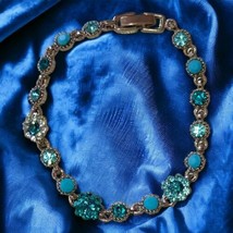 Aqua Blue Rhinestone Link Bracelet Faux Turquoise Silver Tone Coastal Beachy - $14.84