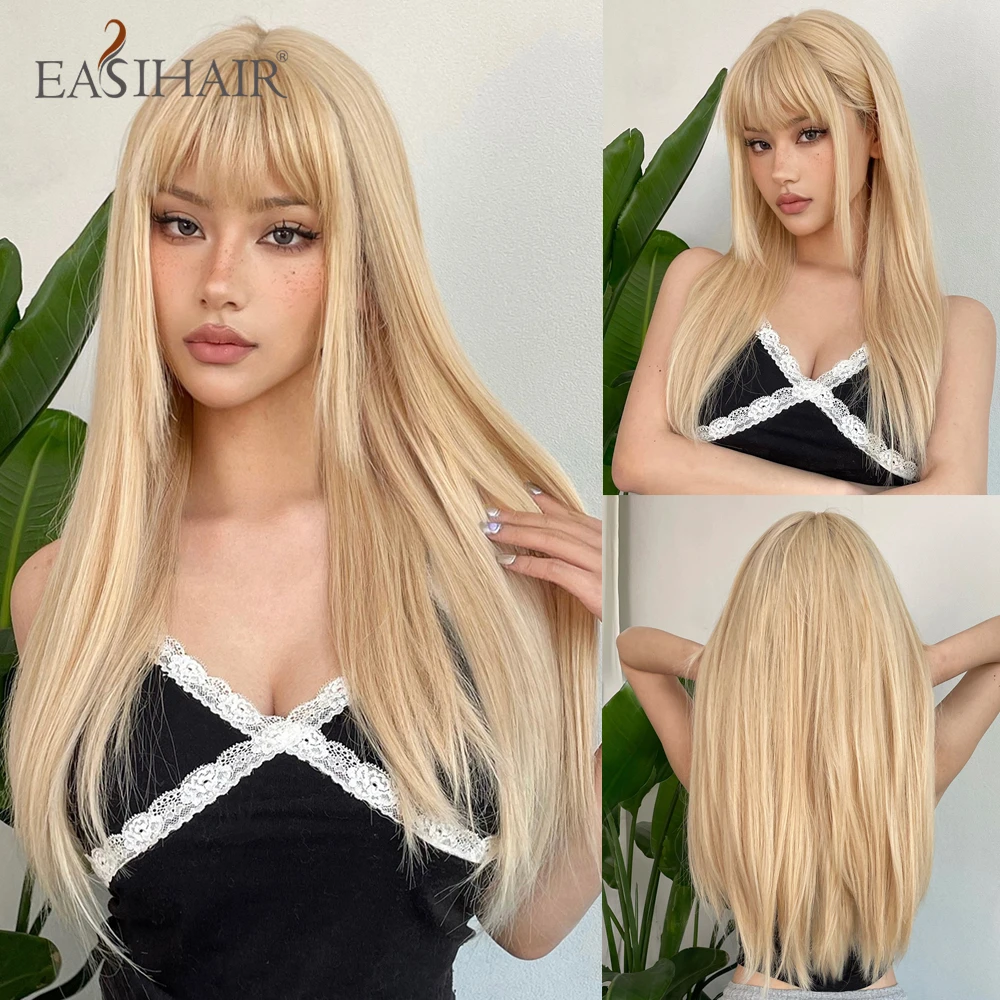 EASIHAIR Blonde Golden Long Straight Synthetic Wigs with Bangs Beige Lolita - £14.01 GBP+