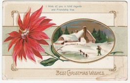Vintage Postcard Christmas Farmhouse in Snow Poinsettia Embossed - £5.52 GBP