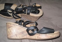 Women&#39;s BOC Born Concept Brown Leather Wedge Cork Platform Sandals Buckle 8 - £31.42 GBP