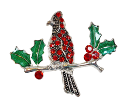 Vintage winter holiday silver tone red CARDINAL bird w/ holly brooch pin - £15.64 GBP