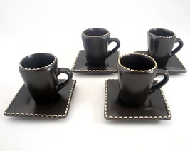 Mario Batali Brown Stoneware Italian Stitch Espresso Cup &amp; Saucer 8 pc Set 2 oz - £14.96 GBP