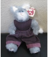 Ty Attic Treasures Whiskers The Gray Cat Purple Overalls NEW - $12.86