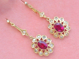 Victorian Oval 2ct Ruby 1.10ctw Diamond Cluster Drop 18K Cocktail Earrings c1880 - £1,186.03 GBP