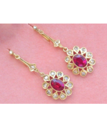 VICTORIAN OVAL 2ct RUBY 1.10ctw DIAMOND CLUSTER DROP 18K COCKTAIL EARRIN... - £1,190.10 GBP
