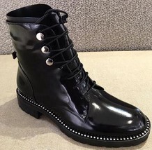 2021 Patent Leather Thick Heel Round Toe Lace Up Winter Boots   Punk Rock  Rivet - £120.37 GBP