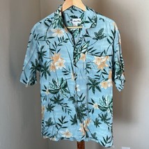 Island Blue Hawaiian Shirt Mens Medium Blue Green Floral Palms Short Sleeve Camp - £15.81 GBP