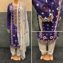 Pakistani Blue Ajrak Printed Straight Shirt 3-PCS Linen Dress, Threadwork,M - $72.27