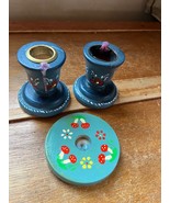 Lot of Blue w Tiny Red Mushroom or Pair w Red Flowers Painted Wood Candl... - $11.29