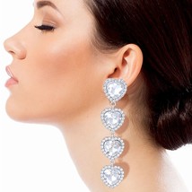 Valentines Day Gift Unique 4 Linked Silver Halo Crystal Pave Heart Drop Earring - £35.26 GBP