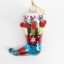 Glass Elf Shoe Christmas Ornament Stocking Pom Pons Glitter Red Blue Gold 3&quot; - £6.32 GBP