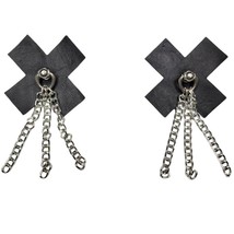 Leather Pasties Triple Chains Reusable X Cross Shaped D Ring Fringe Black L9800 - £15.02 GBP