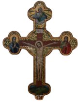 Monumental 35&quot; Antique Processional Wood Cross with Hand Painted Religious Icons - £1,113.95 GBP