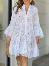 Ruffle Hem Eyelet Notched Long Sleeve Dress - $41.99