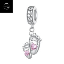 Genuine Sterling Silver 925 Baby Girl Feet Pendant Dangle Charm With Pink CZ Mum - £16.81 GBP