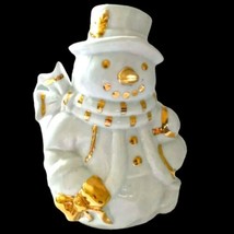 Bloomrite Snowman White Gold Planter Vase Vintage Winter Ceramic Christmas Trim - £21.81 GBP