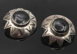 MEXICO 925 Silver - Vintage Black Onyx Etched Sun Drop Earrings - EG6047 - $78.41