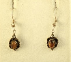 Vintage Sterling Silver 925 Handmade Tiger&#39;s Eye Oval Stone Filigree Earrings - £40.70 GBP