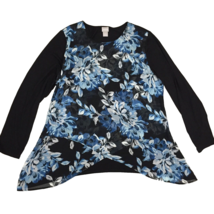 Chicos Size 3 Top Floral Blue Curved Hem Chiffon Front XL - $12.50