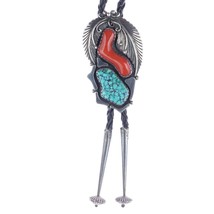 44&quot; c1970 Native American sterling high grade turquoise branch coral bolo tie - £319.11 GBP