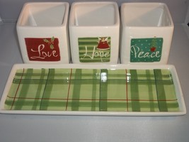 4 Gifts of Faith Porcelain HOPE PEACE LOVE Jars &amp; Tray Green Red Christm... - $29.99