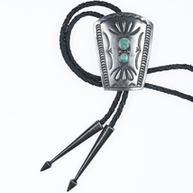 Vintage Navajo hand stamped silver bolo tie with turquoise - $363.83