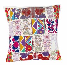Handmade Patchwork Cushion Pillow, Sari Patch Indian Ethnic Embroidered (White) - £7.63 GBP