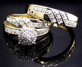 Trio His Her Wedding Diamond Bridal Ring Set Band Engagement 14K Yellow Gold FN - £100.99 GBP