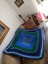 Afghan Hand Made Crochet Throw Blanket 54 &quot; × 50 Blues/Greens Retro - £44.02 GBP