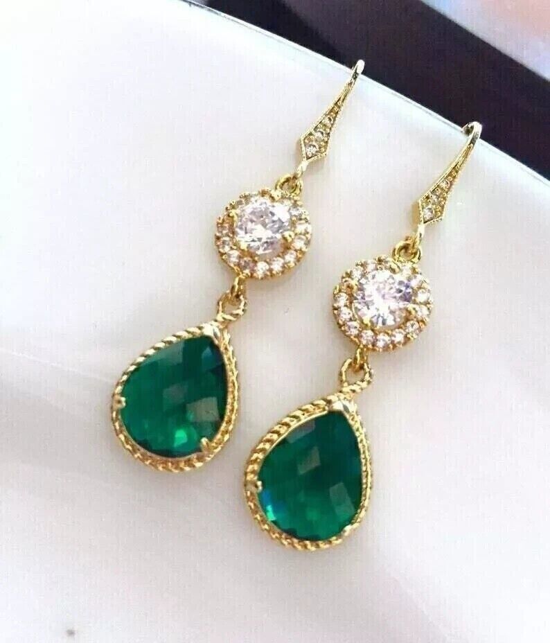 Primary image for 3Ct Pear Lab-Created Emerald Women Drop Dangle Earrings 14k Yellow Gold Plated