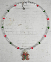 Gingerbread Man Necklace Holiday Glass Pearl Crystal Handmade Red Green New - £12.37 GBP