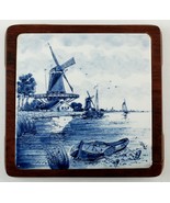 2 Blue &amp; White Delft Windmill Tile &amp; Wood Trivets - £3.93 GBP