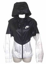 Nike Womens Medium Black White Glossy Vtg 90s Full Zip Vented Hooded Windbreaker - £29.00 GBP