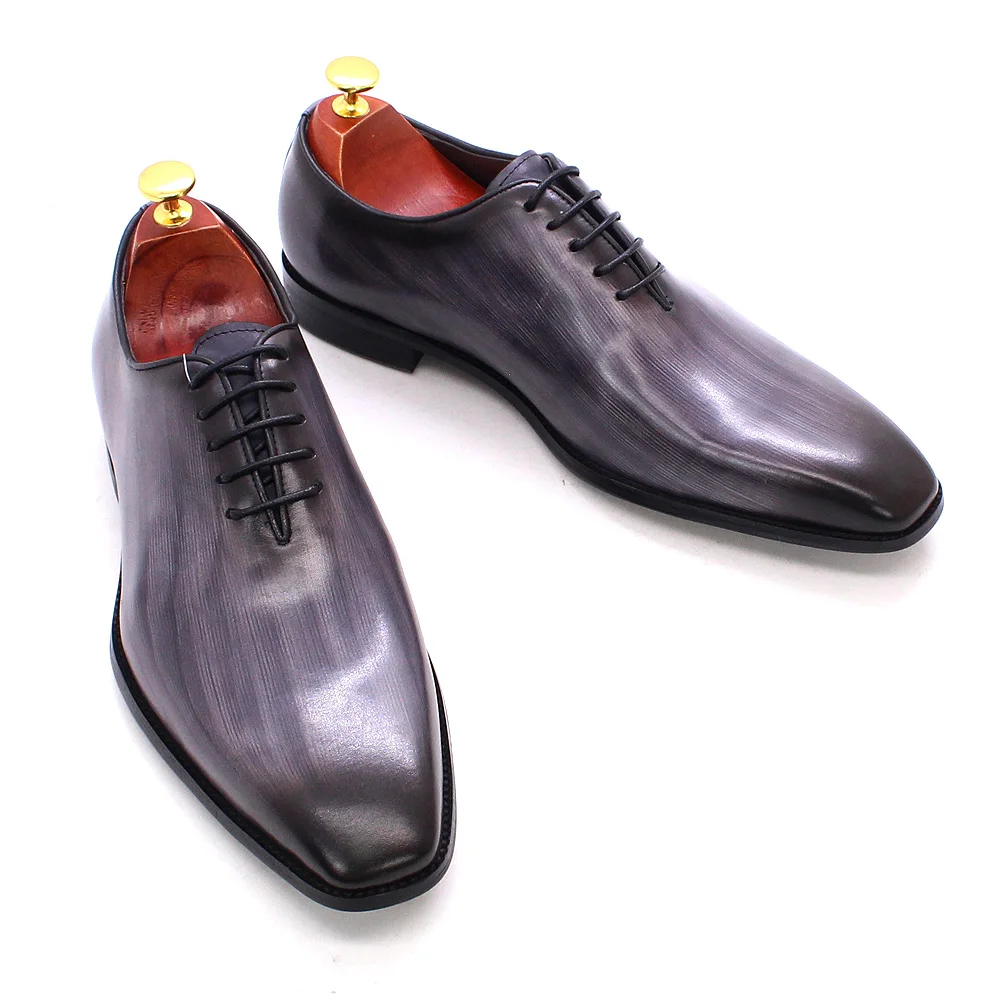 Size 47 Size 13 Mens Ox Dress Shoes Leather Gray Brown Handmade Whole Cut Oxs Me - $208.89