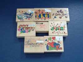 Sentiments eight rubber stamp lot thank you, good luck, I love you, super - $19.75