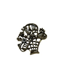 Flower Basket Brooch Pin Vintage Gold Tone Faux Pearl Clear Rhinestone Floral - £11.10 GBP