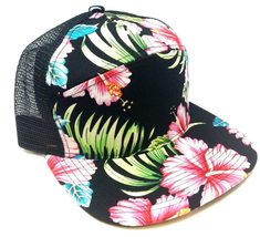 Sublimated All Over Print 7 Panel Mesh Trucker Snapback Hat (Black &amp; Pink Hawaii - £10.72 GBP+