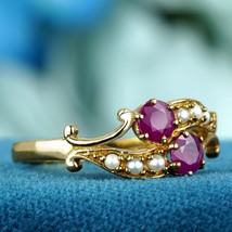 Natural Ruby and Pearl Vintage Style Two Stone Ring in Solid 9K Gold - £360.58 GBP
